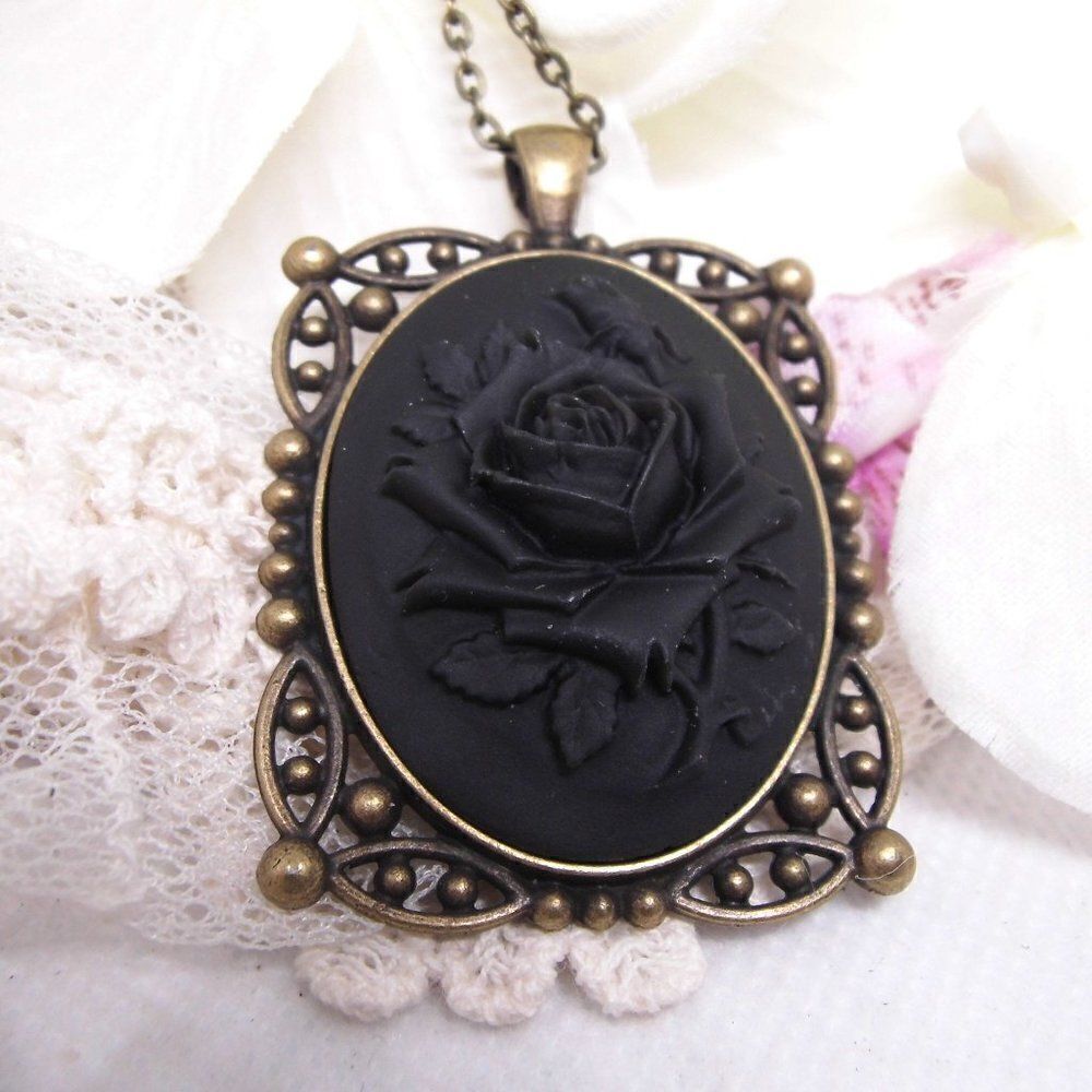 Victorian Vampire Black Rose Cameo Bronze Necklace Antique